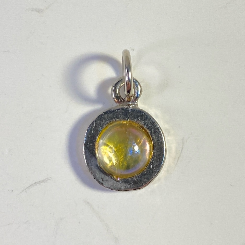 Vintage Yellow Glass Round Pendant Charm Silver Tone